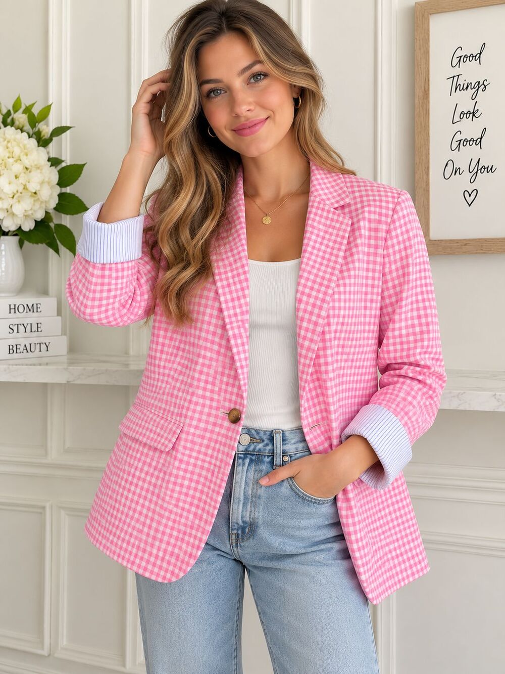 TALBOTS 1 Button Pink Gingham Linen/Cotton Office Blazer Women's 12P